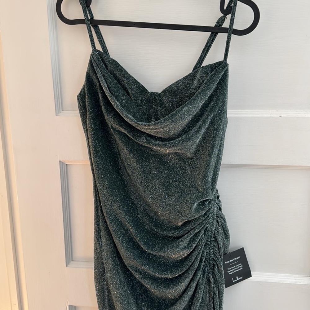 NWT Lulus Wishing On You Green and Silver Cowl Neck Ruched Midi Dress - Picture 4 of 7